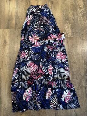 Sam Edelman Tropical Floral High Neck Tiered dress Size Small Navy Pink Black